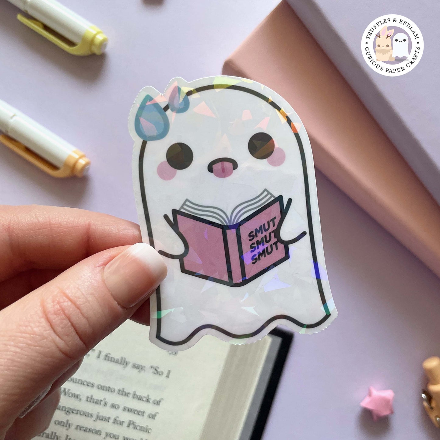 Spicy Bedlam Ghostie Reading Smut! Smut! Smut! - 3" Vinyl Sticker