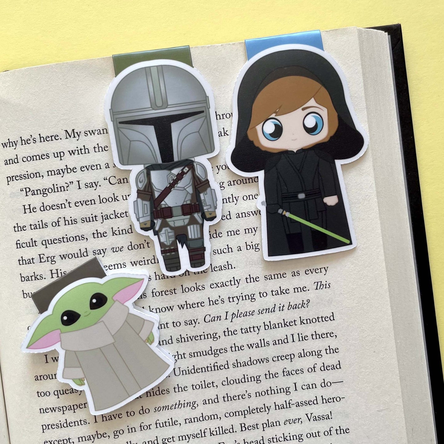 Din Djarin, Luke Skywalker, and Grogu "Space Dads" Magnetic Bookmark Trio