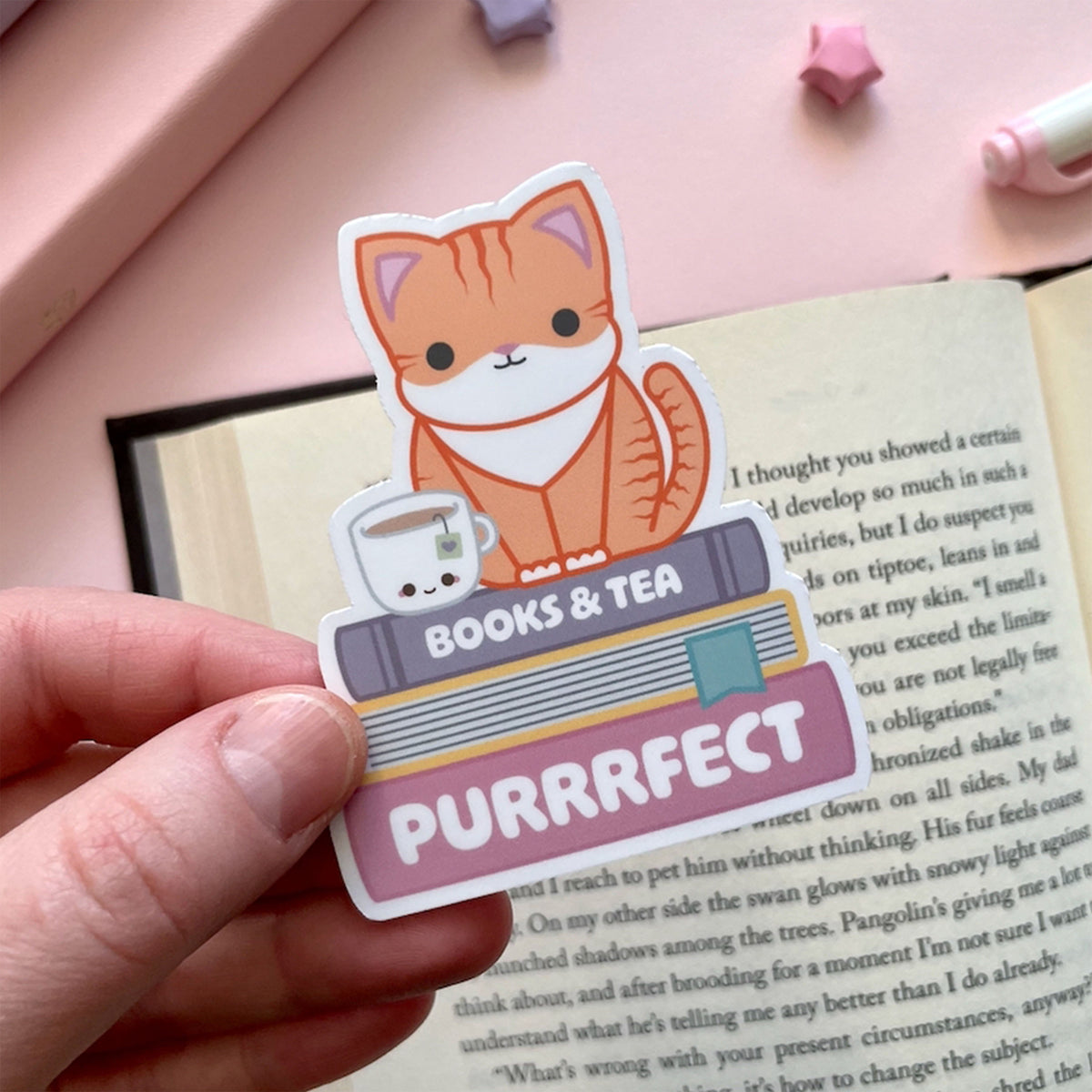 Purrrfect Sticker Purrrfect Books, Tea & Kitties Sticker - Die-cut 3