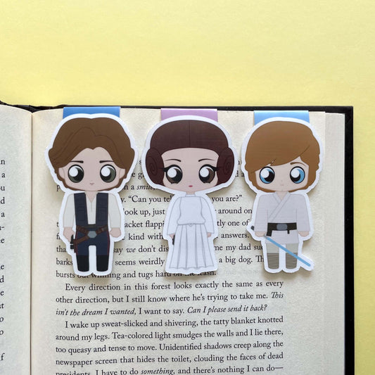 A New Hope Magnetic Bookmark Trio, featuring Han Solo, Princess Leia Organa, and Luke Skywalker